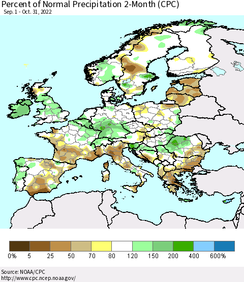 Europe Percent of Normal Precipitation 2-Month (CPC) Thematic Map For 9/1/2022 - 10/31/2022