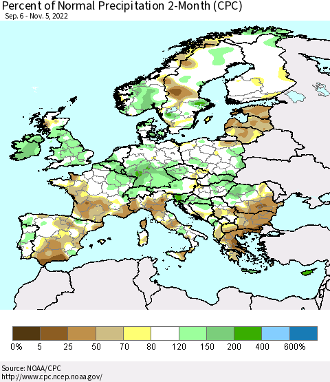 Europe Percent of Normal Precipitation 2-Month (CPC) Thematic Map For 9/6/2022 - 11/5/2022