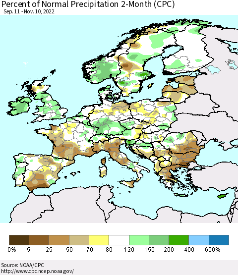 Europe Percent of Normal Precipitation 2-Month (CPC) Thematic Map For 9/11/2022 - 11/10/2022