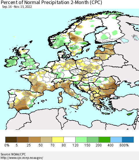 Europe Percent of Normal Precipitation 2-Month (CPC) Thematic Map For 9/16/2022 - 11/15/2022