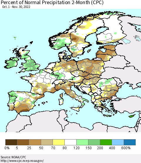Europe Percent of Normal Precipitation 2-Month (CPC) Thematic Map For 10/1/2022 - 11/30/2022