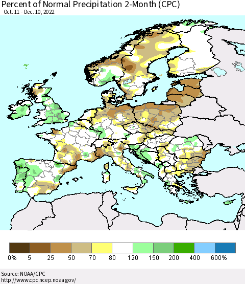Europe Percent of Normal Precipitation 2-Month (CPC) Thematic Map For 10/11/2022 - 12/10/2022