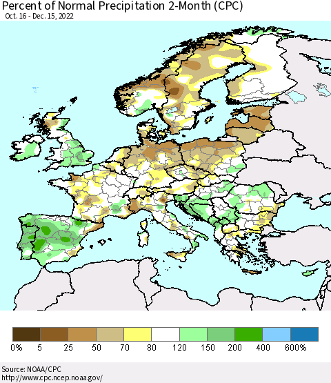 Europe Percent of Normal Precipitation 2-Month (CPC) Thematic Map For 10/16/2022 - 12/15/2022