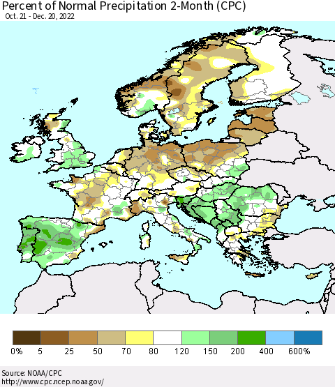 Europe Percent of Normal Precipitation 2-Month (CPC) Thematic Map For 10/21/2022 - 12/20/2022