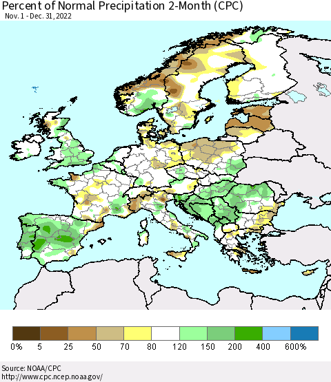 Europe Percent of Normal Precipitation 2-Month (CPC) Thematic Map For 11/1/2022 - 12/31/2022