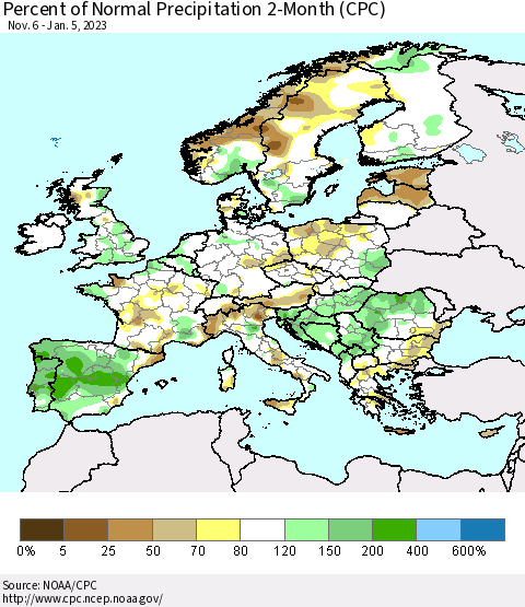 Europe Percent of Normal Precipitation 2-Month (CPC) Thematic Map For 11/6/2022 - 1/5/2023