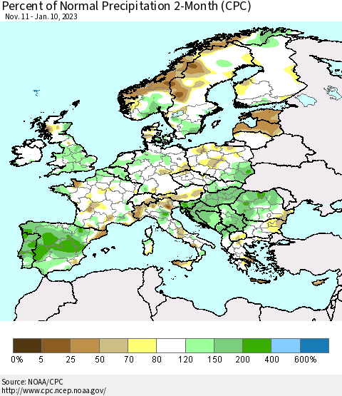 Europe Percent of Normal Precipitation 2-Month (CPC) Thematic Map For 11/11/2022 - 1/10/2023