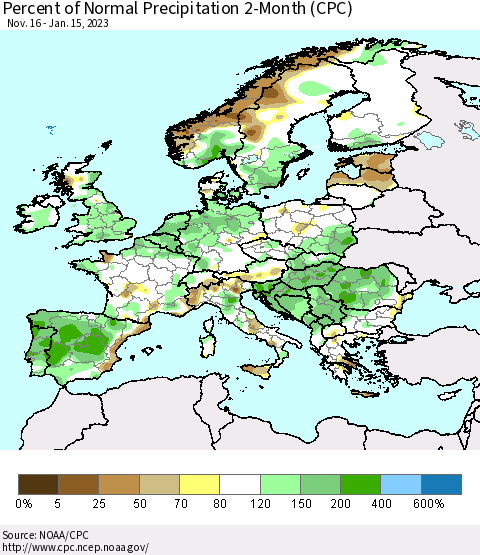 Europe Percent of Normal Precipitation 2-Month (CPC) Thematic Map For 11/16/2022 - 1/15/2023