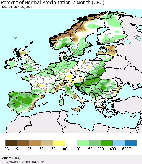 Europe Percent of Normal Precipitation 2-Month (CPC) Thematic Map For 11/21/2022 - 1/20/2023