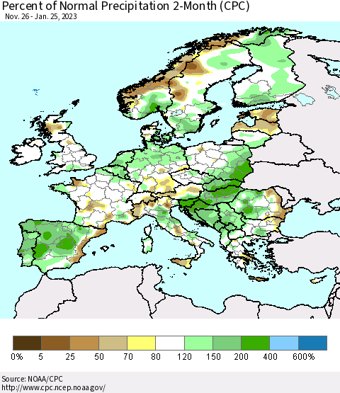 Europe Percent of Normal Precipitation 2-Month (CPC) Thematic Map For 11/26/2022 - 1/25/2023