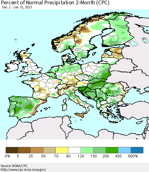 Europe Percent of Normal Precipitation 2-Month (CPC) Thematic Map For 12/1/2022 - 1/31/2023