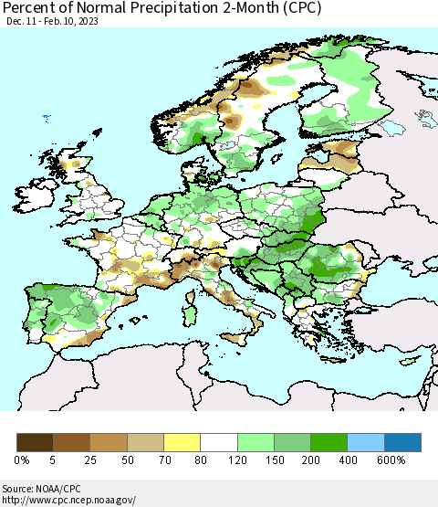 Europe Percent of Normal Precipitation 2-Month (CPC) Thematic Map For 12/11/2022 - 2/10/2023