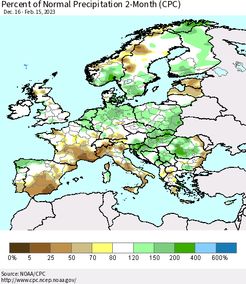 Europe Percent of Normal Precipitation 2-Month (CPC) Thematic Map For 12/16/2022 - 2/15/2023