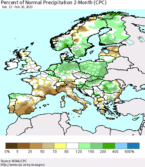 Europe Percent of Normal Precipitation 2-Month (CPC) Thematic Map For 12/21/2022 - 2/20/2023