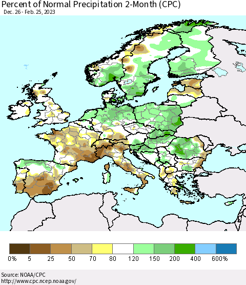 Europe Percent of Normal Precipitation 2-Month (CPC) Thematic Map For 12/26/2022 - 2/25/2023