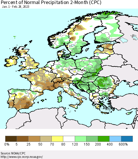 Europe Percent of Normal Precipitation 2-Month (CPC) Thematic Map For 1/1/2023 - 2/28/2023