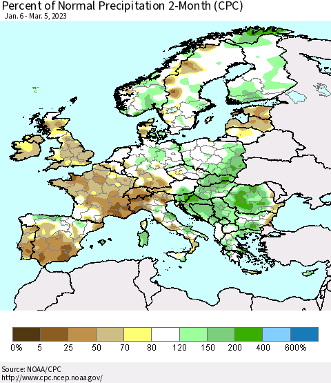 Europe Percent of Normal Precipitation 2-Month (CPC) Thematic Map For 1/6/2023 - 3/5/2023