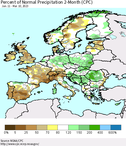 Europe Percent of Normal Precipitation 2-Month (CPC) Thematic Map For 1/11/2023 - 3/10/2023