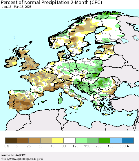Europe Percent of Normal Precipitation 2-Month (CPC) Thematic Map For 1/16/2023 - 3/15/2023