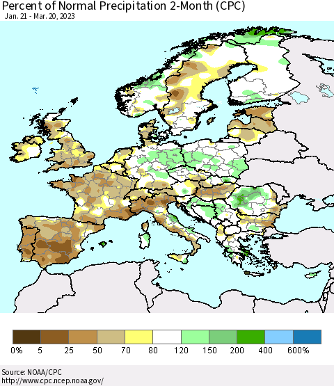 Europe Percent of Normal Precipitation 2-Month (CPC) Thematic Map For 1/21/2023 - 3/20/2023