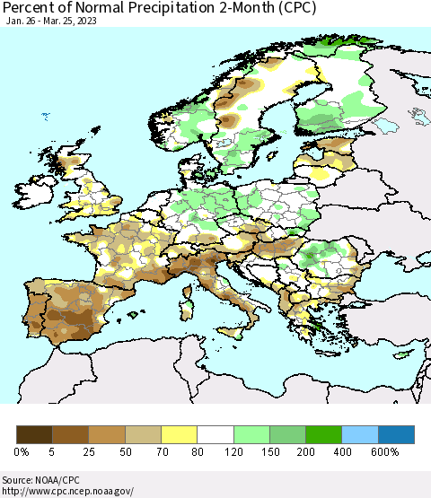 Europe Percent of Normal Precipitation 2-Month (CPC) Thematic Map For 1/26/2023 - 3/25/2023
