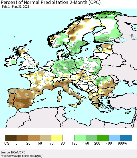 Europe Percent of Normal Precipitation 2-Month (CPC) Thematic Map For 2/1/2023 - 3/31/2023