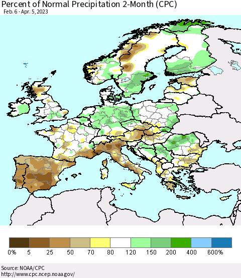 Europe Percent of Normal Precipitation 2-Month (CPC) Thematic Map For 2/6/2023 - 4/5/2023