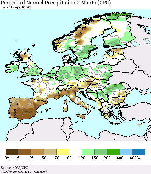Europe Percent of Normal Precipitation 2-Month (CPC) Thematic Map For 2/11/2023 - 4/10/2023