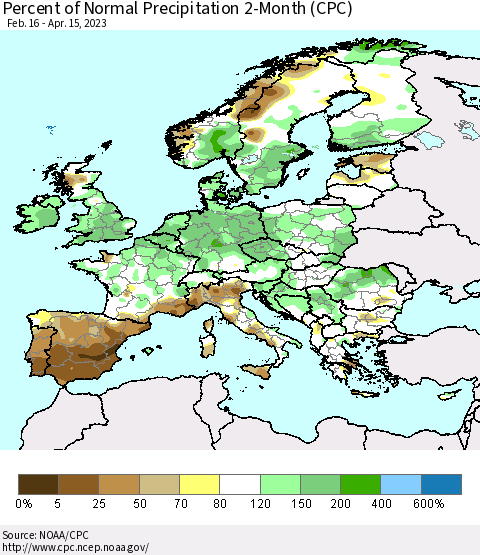 Europe Percent of Normal Precipitation 2-Month (CPC) Thematic Map For 2/16/2023 - 4/15/2023