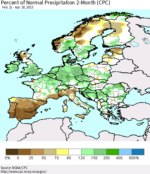Europe Percent of Normal Precipitation 2-Month (CPC) Thematic Map For 2/21/2023 - 4/20/2023