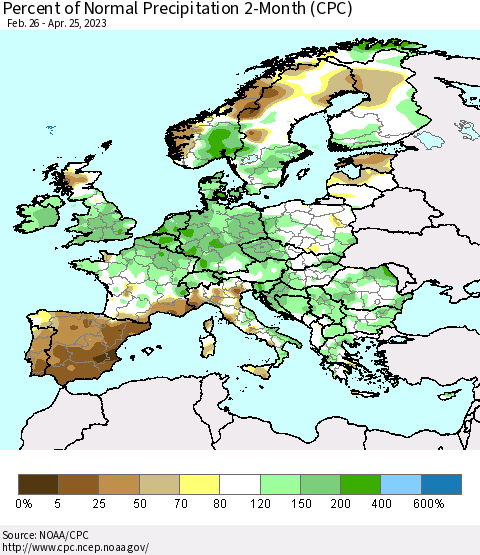Europe Percent of Normal Precipitation 2-Month (CPC) Thematic Map For 2/26/2023 - 4/25/2023