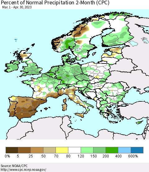 Europe Percent of Normal Precipitation 2-Month (CPC) Thematic Map For 3/1/2023 - 4/30/2023