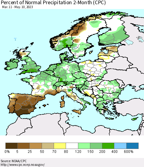 Europe Percent of Normal Precipitation 2-Month (CPC) Thematic Map For 3/11/2023 - 5/10/2023