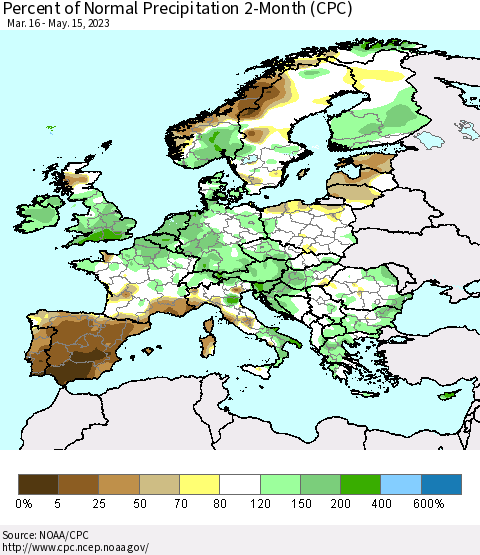 Europe Percent of Normal Precipitation 2-Month (CPC) Thematic Map For 3/16/2023 - 5/15/2023