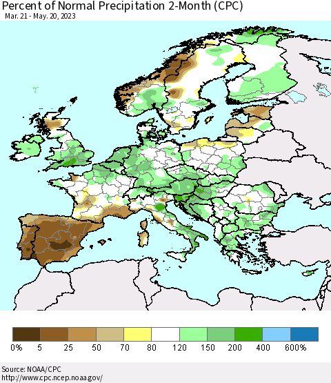 Europe Percent of Normal Precipitation 2-Month (CPC) Thematic Map For 3/21/2023 - 5/20/2023