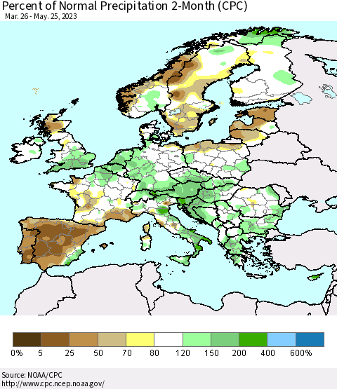 Europe Percent of Normal Precipitation 2-Month (CPC) Thematic Map For 3/26/2023 - 5/25/2023