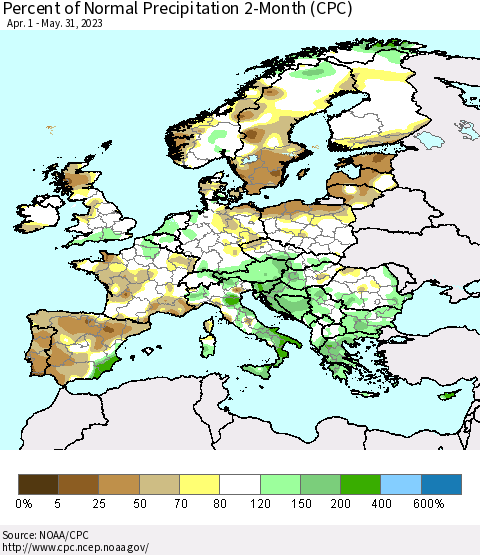 Europe Percent of Normal Precipitation 2-Month (CPC) Thematic Map For 4/1/2023 - 5/31/2023