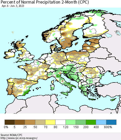 Europe Percent of Normal Precipitation 2-Month (CPC) Thematic Map For 4/6/2023 - 6/5/2023