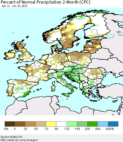 Europe Percent of Normal Precipitation 2-Month (CPC) Thematic Map For 4/11/2023 - 6/10/2023
