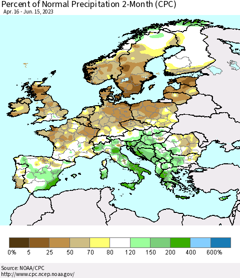 Europe Percent of Normal Precipitation 2-Month (CPC) Thematic Map For 4/16/2023 - 6/15/2023