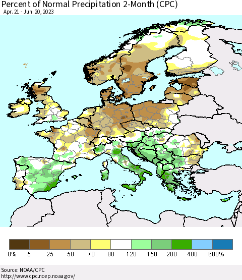 Europe Percent of Normal Precipitation 2-Month (CPC) Thematic Map For 4/21/2023 - 6/20/2023
