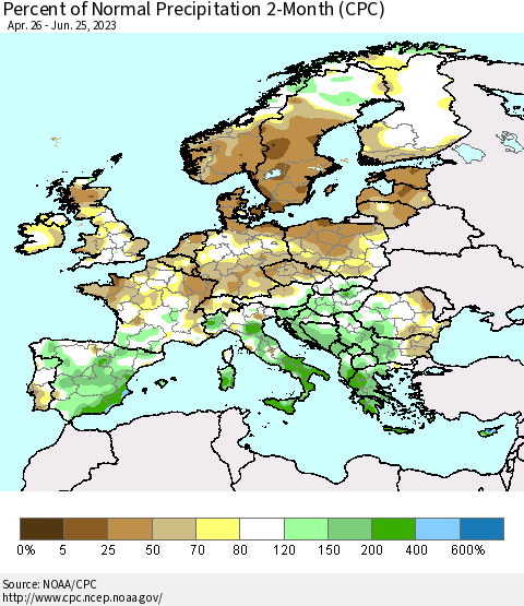 Europe Percent of Normal Precipitation 2-Month (CPC) Thematic Map For 4/26/2023 - 6/25/2023