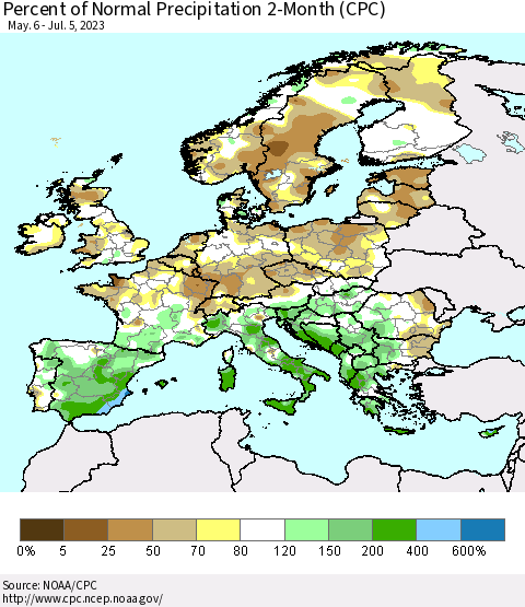 Europe Percent of Normal Precipitation 2-Month (CPC) Thematic Map For 5/6/2023 - 7/5/2023