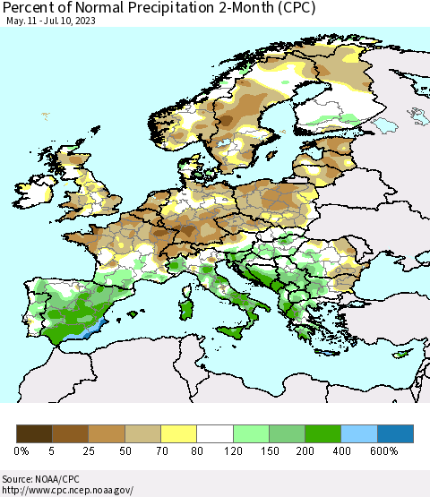 Europe Percent of Normal Precipitation 2-Month (CPC) Thematic Map For 5/11/2023 - 7/10/2023