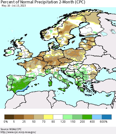 Europe Percent of Normal Precipitation 2-Month (CPC) Thematic Map For 5/16/2023 - 7/15/2023
