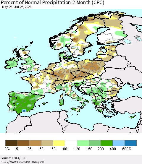 Europe Percent of Normal Precipitation 2-Month (CPC) Thematic Map For 5/26/2023 - 7/25/2023