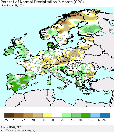 Europe Percent of Normal Precipitation 2-Month (CPC) Thematic Map For 6/1/2023 - 7/31/2023