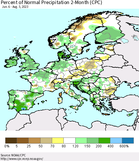 Europe Percent of Normal Precipitation 2-Month (CPC) Thematic Map For 6/6/2023 - 8/5/2023