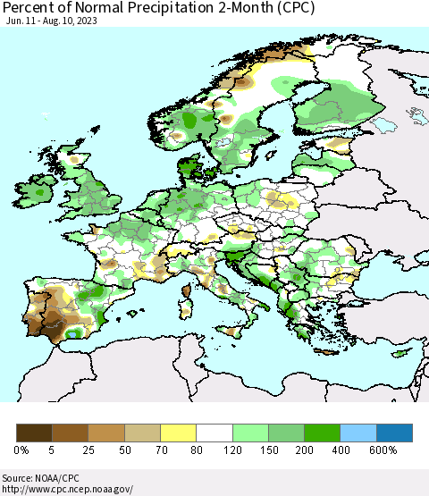 Europe Percent of Normal Precipitation 2-Month (CPC) Thematic Map For 6/11/2023 - 8/10/2023