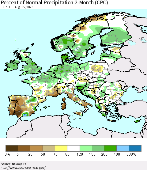 Europe Percent of Normal Precipitation 2-Month (CPC) Thematic Map For 6/16/2023 - 8/15/2023